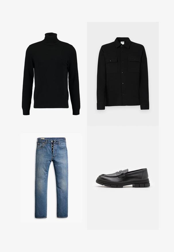 Čierny rolák vyrobený z mäkkého pleteného materiálu. Má dlhé rukávy, rebrovaný golier a lem. Jednoduchý, elegantný dizajn bez vzorov.; Čierna košeľa na gombíky vyrobená z hladkej tkaniny, so štyrmi náprsníkmi, bodovým golierom a gombíkovými manžetami. Jednoduchý dizajn s minimálnym zdobením.; Svetlomodré denimové džínsy so strihom rovného nohu, so piatimi vreckami a zapínaním na gombíky. Ošúchaný vzhľad s vyblednutými oblasťami.; Čierne kožené poltopánky s hladkým povrchom, s predným remienkom a robustnou gumovou podrážkou s drážkovanými akcentmi.