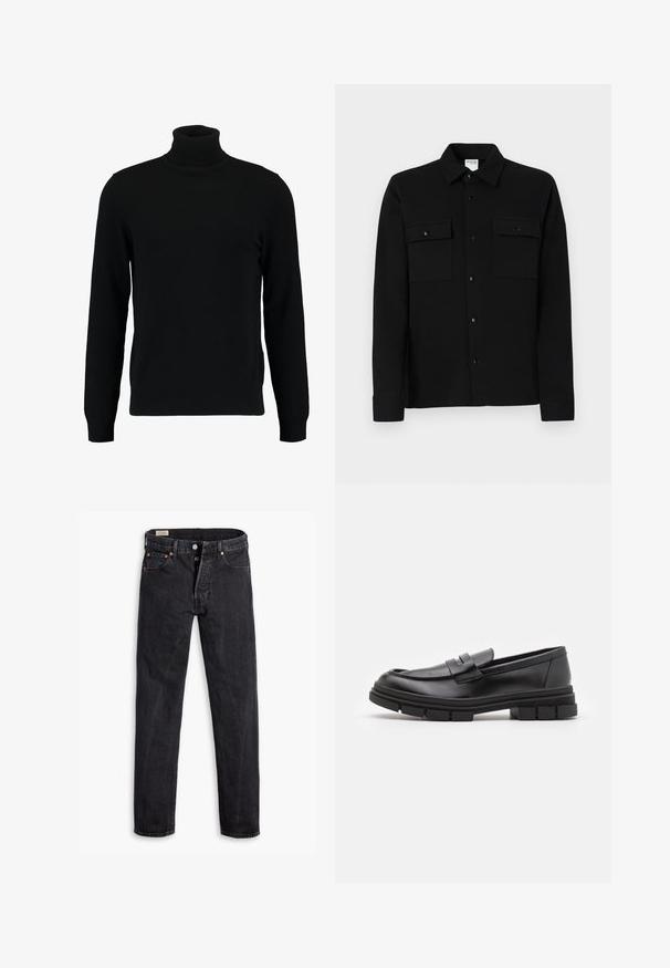 Czarny sweter z golfem, wykonany z miękkiego, dzianinowego materiału. Posiada długie rękawy, prążkowany kołnierz i dół. Prosty, elegancki design bez wzorów.; Czarna koszula zapinana na guziki z gładkiego materiału, posiadająca dwie kieszenie na piersi, kołnierzyk z ostrym końcem oraz mankiety zapinane na guziki. Prosty design z minimalnymi detalami.; Czarne dżinsy o prostym kroju. Posiadają pięć kieszeni, dwa zapięcia z przodu na guziki oraz subtelne kontrastowe szwy. Matowa tekstura.; Czarne skórzane mokasyny o gładkim wykończeniu, z paskiem na przodzie i masywną gumową podeszwą z rowkowaniem.