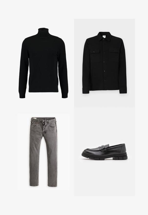 Maglione a collo alto nero realizzato in morbido materiale knit. Presenta maniche lunghe, colletto e orlo a costine. Design semplice e lineare senza motivi.; Camicia nera con bottoni, realizzata in tessuto liscio, dotata di due tasche sul petto, colletto a punta e polsini con bottoni. Design semplice con dettagli minimi.; Jeans in denim grigio con taglio dritto, chiusura con bottoni, design a cinque tasche e cuciture arancioni lungo le cuciture.; Mocassini in pelle nera con finitura liscia, dotati di un dettaglio di cinturino anteriore e di una suola in gomma spessa con accenti scanalati.