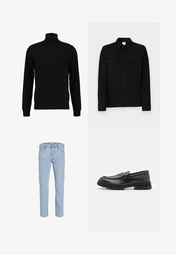 Musta kõrge kaelusega kampsun, mis on valmistatud pehmest kudumist materjalist. Omab pikki varrukaid, soonikpitsiga kaela- ja alumist äärt. Lihtne ja sujuv disain ilma mustriteta.; Must musta särk, mis on valmistatud siledast kangast, kahe rinna tasku, krae ja nööpidega mansettidega. Lihtne disain väheste detailidega.; Heled sinised teksad, mis on valmistatud denimist, sirge lõikega, klassikalise viie taskuga disainiga ja hõbedase metallist detailidega.; Mustad musta naha sussid sujuva viimistlusega, esiosal rihmaga detail ning paksu kummitaldaga, mis on kaunistatud soontega.