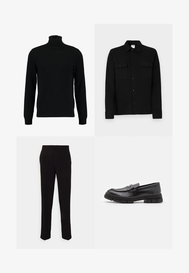 Juodas megztinis su aukštu kaklu, pagamintas iš minkštos mezgimo medžiagos. Turi ilgomis rankovėmis, raukšlėtą apykaklę ir apatinę dalį. Paprastas, elegantiškas dizainas be raštų.; Juodas mygtukais užsegamas marškiniai, pagaminti iš lygios medžiagos, su dviem krūtinės kišenėmis, taškiniu apykakle ir mygtukais užsegamais rankogaliais. Paprastas dizainas su minimaliais akcentais.; Juodos kelnes su tiesiu siluetu, turinčios lygią tekstūrą ir be matomų raštų ar metalinių detalių. Klasikinis dizainas su švariu siluetu.; Juodi odiniai loaferiai su lygia apdaila, turintys priekinį dirželio akcentą ir storą guminį padą su grioveliais.