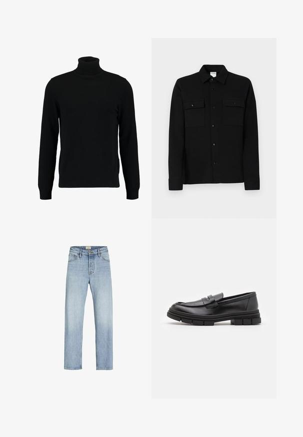 Melns augsti stāvošs džemperis, kas izgatavots no mīksta adījuma materiāla. Tam ir garas piedurknes, ribota apkakle un apakšmala. Vienkāršs, elegants dizains bez rakstiem.; Melna krekla ar pogām dizains, kas izgatavots no gludas auduma, ar divām krūšu kabatām, punktveida apkakli un pogāmiem apročiem. Vienkāršs dizains ar minimālām detaļām.; Gai zili denima bikses ar taisnu griezumu, piecu kabatu dizainu, pogu un rāvējslēdzēja aizdari, kā arī smalku izbalējušu audumu.; Melni ādas loafers ar gludu apdari, ar priekšējo siksniņu un masīvu gumijas zoli ar izgriezumiem.
