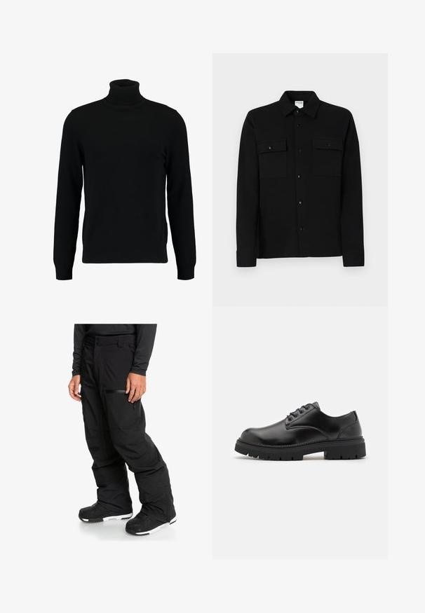 Čierny rolák vyrobený z mäkkého pleteného materiálu. Má dlhé rukávy, rebrovaný golier a lem. Jednoduchý, elegantný dizajn bez vzorov.; Čierna košeľa na gombíky vyrobená z hladkej tkaniny, so štyrmi náprsníkmi, bodovým golierom a gombíkovými manžetami. Jednoduchý dizajn s minimálnym zdobením.; Čierne snehové nohavice s voľným strihom, so zipsom na vreckách, nastaviteľným pásom a vyrobené z vodyodolného materiálu.; Čierne kožené topánky s okrúhlou špičkou, šnurovací dizajn a hrubou, textúrovanou gumovou podrážkou. Má šitie pozdĺž okraja a hladký povrch.