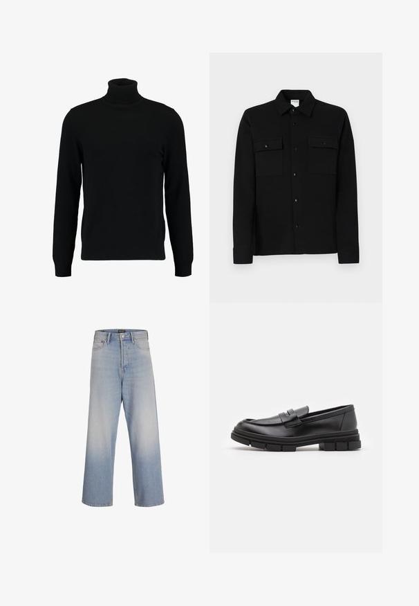 Jersey de cuello alto negro hecho de un material de punto suave. Cuenta con mangas largas, collar y dobladillo acanalados. Diseño simple y elegante sin patrones.; Camisa negra con botones, hecha de una tela suave, que presenta dos bolsillos en el pecho, un cuello tipo punta y puños abotonados. Diseño simple con un mínimo de detalles.; Jeans de pierna ancha de color azul claro, confeccionados en denim, con una cintura alta, bolsillos frontales y un efecto de lavado deslavado para una apariencia texturizada.; Mocasines de piel negra con un acabado suave, que presentan un detalle de correa en la parte delantera y una suela de goma gruesa con acentos acanalados.