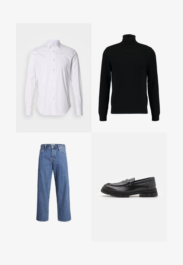 Zwarte coltrui gemaakt van een zacht breimateriaal. Heeft lange mouwen, een geribbelde kraag en zoom. Eenvoudig, strak ontwerp zonder patronen.; Witte lange mouwen shirt met kleine marineblauwe stippen, een geknoopte kraag en subtiele glans, met een gebogen zoom en een standaard knoopsluiting.; Lichtblauwe denimjeans met een recht model, hoge taille en minimale stiksels. De stof heeft een zachte, licht vervaagde textuur.; Zwarte leren instappers met een gladde afwerking, voorzien van een voorste banddetail en een stevige rubberen zool met gegroefde accenten.
