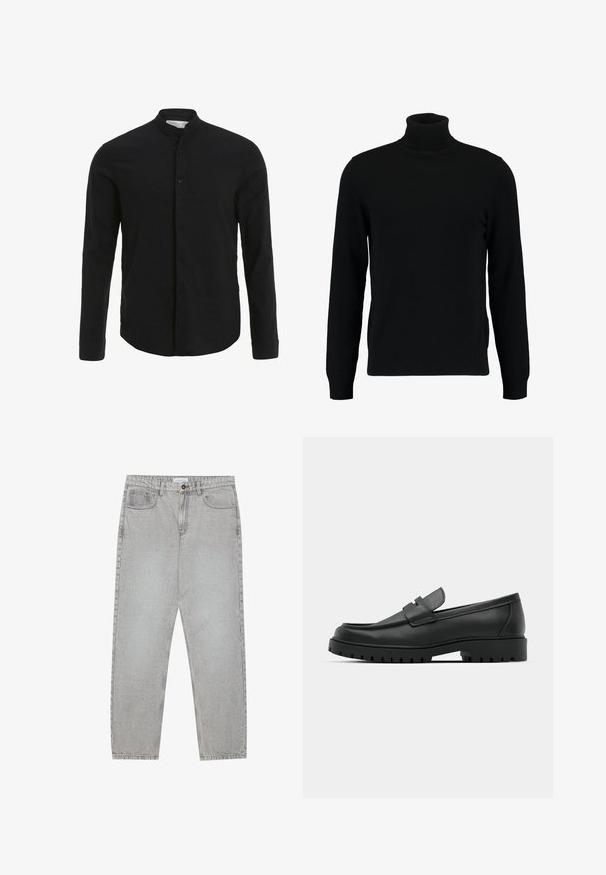 Zwarte coltrui gemaakt van een zacht breimateriaal. Heeft lange mouwen, een geribbelde kraag en zoom. Eenvoudig, strak ontwerp zonder patronen.; Zwart langemouwshirt met een bandkraag, knoopsluiting aan de voorkant en een gladde textuur. Rechte zoom en getailleerd ontwerp.; Lichtgrijze denimbroek met een recht model, vijfzakkenstijl en een knoopsluiting. Zichtbare stiksels langs de naden.; Zwarte leren instappers met een ronde neus, voorzien van een gestikt ontwerp, een lage platformzool en een gestructureerde, grof rubberen buitenzool.
