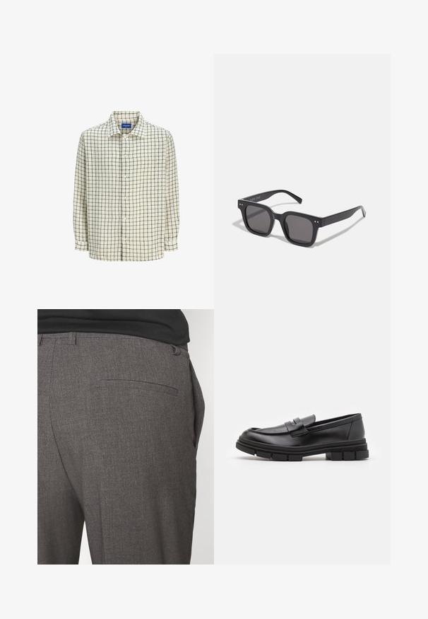 Black turtleneck sweater made of a soft knit material. Features long sleeves, ribbed collar, and hem. Simple, sleek design without patterns.; Button-up shirt in cream with a black grid pattern. Made from lightweight fabric, featuring a collared neckline and long sleeves.; Gray tailored trousers with a smooth texture, featuring a single back pocket and a slim fit design. Fabric has a subtle pattern.; Black leather loafers with a smooth finish, featuring a front strap detail and a chunky rubber sole with grooved accents.; Black rectangular sunglasses with dark lenses, featuring a thick frame, subtle accents on the sides, and no visible logos beyond the brand name.; Metal quartz watch with a black face, white numerals, and date display. Features a stainless steel band and a water resistance of 100m.