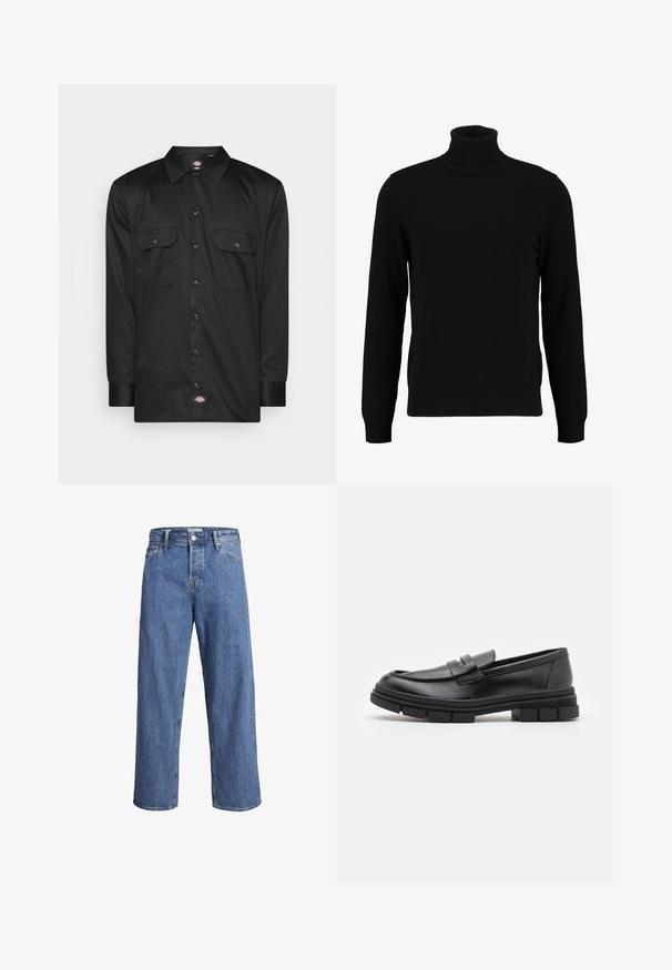 Fekete garbó pulóver puha kötött anyagból készült. Hosszú ujjaival, bordázott gallérral és szegéllyel rendelkezik. Egyszerű, letisztult dizájn, minták nélkül.; Fekete, hosszú ujjú ing sima anyagból, gombos elülső résszel, két mellzsebbeli és logóval az alján.; Világoskék farmernadrág, egyenes szárú dizájnnal, magas derekú és minimális varrási részletekkel. Az anyag puha, enyhén megfestett textúrájú.; Fekete bőr loaferek sima felülettel, elülső pánt részlettel és vastag, bordázott gumitalpakkal.