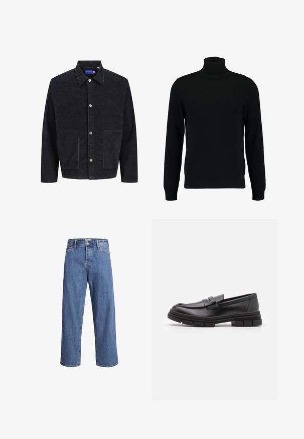 Maglione a collo alto nero realizzato in morbido materiale knit. Presenta maniche lunghe, colletto e orlo a costine. Design semplice e lineare senza motivi.; Giacca in velluto a coste nera con colletto, chiusura frontale a bottoni e due grandi tasche. Tessuto testurizzato con righe verticali.; Jeans in denim blu chiaro con una vestibilità dritta, vita alta e dettagli di cucitura minimi. Il tessuto ha una texture morbida e leggermente sbiadita.; Mocassini in pelle nera con finitura liscia, dotati di un dettaglio di cinturino anteriore e di una suola in gomma spessa con accenti scanalati.