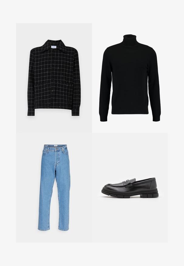 Musta kõrge kaelusega kampsun, mis on valmistatud pehmest kudumist materjalist. Omab pikki varrukaid, soonikpitsiga kaela- ja alumist äärt. Lihtne ja sujuv disain ilma mustriteta.; Mustra musta nööriga särk valgete ruutudega, klassikalise krae ja pikkade varrukatega, valmistatud tekstuurilisest kangast.; Heled sinised kõrge vöökoha sirged teksad eesnupu ja lukuga, vööloopide ja viie-tasku disainiga valge tausta ees.; Mustad musta naha sussid sujuva viimistlusega, esiosal rihmaga detail ning paksu kummitaldaga, mis on kaunistatud soontega.