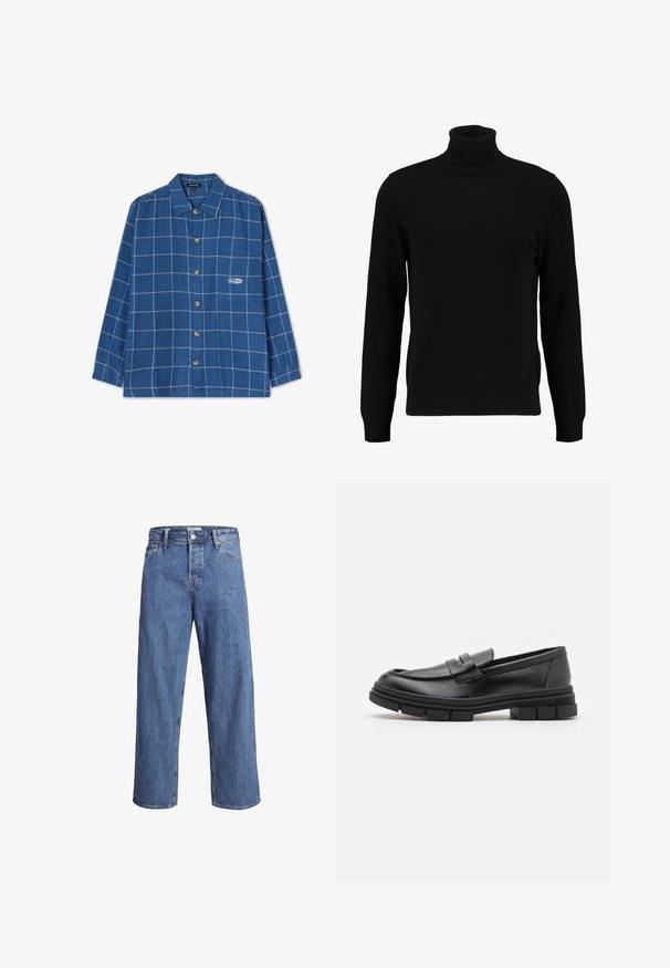 Maglione a collo alto nero realizzato in morbido materiale knit. Presenta maniche lunghe, colletto e orlo a costine. Design semplice e lineare senza motivi.; Camicia di flanella a quadri blu con maniche lunghe, chiusura con bottoni, colletto a punta e un piccolo logo sulla tasca del petto.; Jeans in denim blu chiaro con una vestibilità dritta, vita alta e dettagli di cucitura minimi. Il tessuto ha una texture morbida e leggermente sbiadita.; Mocassini in pelle nera con finitura liscia, dotati di un dettaglio di cinturino anteriore e di una suola in gomma spessa con accenti scanalati.