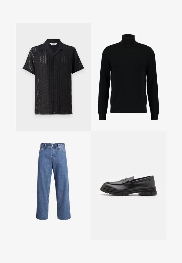 Mustat poolokauluspusero, joka on valmistettu pehmeästä neulomateriaalista. Siinä on pitkät hihat, ribbireunus kauluksessa ja helmassa. Yksinkertainen, tyylikäs muotoilu ilman kuvioita.; Mustat lyhythihaiset paidat, joissa on verkkomuotoilu, napitus edessä ja klassinen kaulus. Kevyt kangas, jossa on pystysuoria leikkuuja.; Vaaleansiniset farkut, joissa on suora lahje, korkea vyötärö ja minimaliset ompeluyksityiskohdat. Kangas on pehmeä ja hieman haalistunut.; Mustat nahkaa olevat loaferit, joissa on sileä pinta, varustettuna edessä olevalla hihnalla ja paksulla kumipohjalla, jossa on uritettua muotoilua.