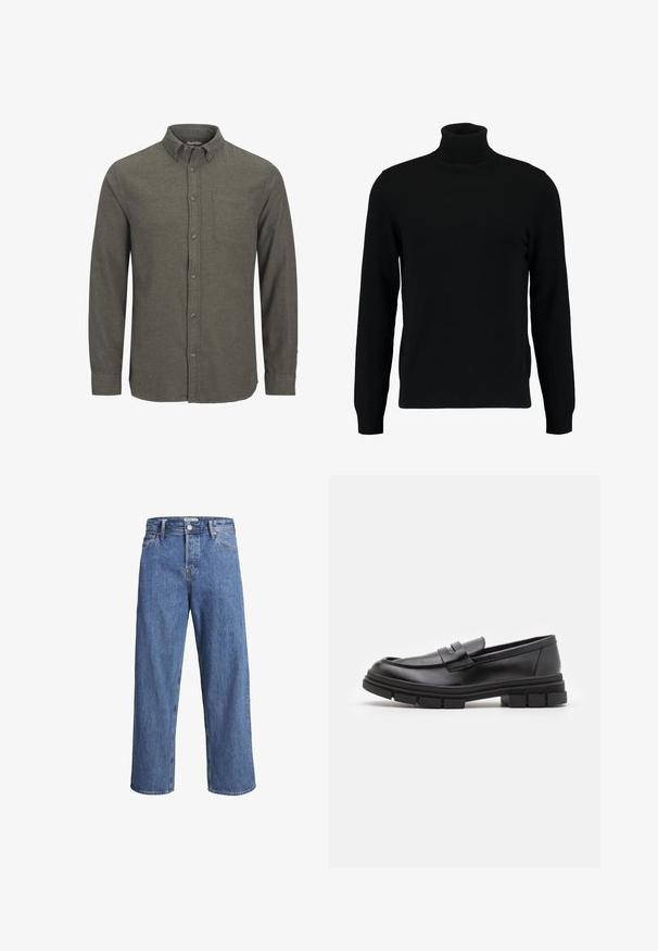 Pulover negru cu gât înalt, confecționat dintr-un material tricotat moale. Dispune de mâneci lungi, guler și tiv cu model în cremă. Design simplu, elegant, fără modele.; Cămașă verde cu nasturi, dintr-un material texturat, cu guler ascuțit, un singur buzunar pe piept și mâneci lungi cu mansete butonate.; Jeanși din denim de un albastru deschis, cu un design drept, talie înaltă și detalii de cusătură minime. Materialul are o textură moale, ușor decolorată.; Loaferi din piele neagră cu un finisaj neted, având un detaliu cu bretea frontală și o talpă din cauciuc masivă cu accente striate.