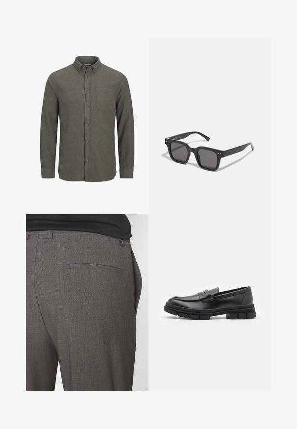 Czarny sweter z golfem, wykonany z miękkiego, dzianinowego materiału. Posiada długie rękawy, prążkowany kołnierz i dół. Prosty, elegancki design bez wzorów.; Zielona koszula zapinana na guziki, wykonana z teksturowanej tkaniny, z wyprofilowanym kołnierzykiem, jedną kieszenią na piersi oraz długimi rękawami z guzikami na mankietach.; Szare dopasowane spodnie o gładkiej strukturze, z pojedynczą kieszenią z tyłu i slim fit. Tkanina ma subtelny wzór.; Czarne skórzane mokasyny o gładkim wykończeniu, z paskiem na przodzie i masywną gumową podeszwą z rowkowaniem.; Czarne prostokątne okulary przeciwsłoneczne z ciemnymi soczewkami, charakteryzujące się grubą oprawką, subtelnymi akcentami po bokach i brakiem widocznych logo poza nazwą marki.