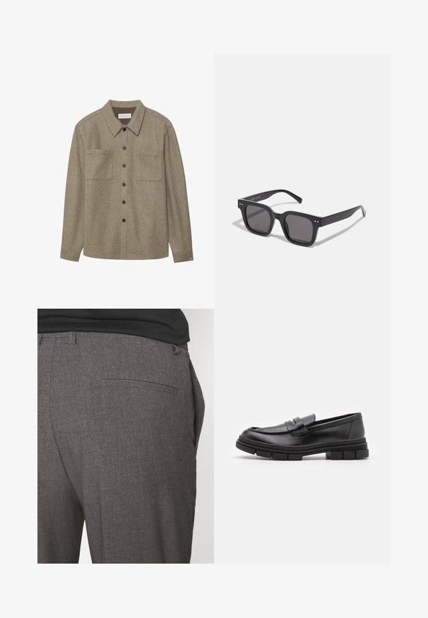 Mustat poolokauluspusero, joka on valmistettu pehmeästä neulomateriaalista. Siinä on pitkät hihat, ribbireunus kauluksessa ja helmassa. Yksinkertainen, tyylikäs muotoilu ilman kuvioita.; Ruskopahkainen villapaita, jossa on terävä kaulus, kaksi rintataskua ja mustat napit. Sujuva pinta ja rento istuvuus.; Harmaat räätälöidyt housut, joissa on sileä pinta, yhden takataskun ja slim fit -muotoilu. Kankaassa on hienovarainen kuvio.; Mustat nahkaa olevat loaferit, joissa on sileä pinta, varustettuna edessä olevalla hihnalla ja paksulla kumipohjalla, jossa on uritettua muotoilua.; Mustat suorakulmaiset aurinkolasit tummilla linsseillä, joissa on paksu kehys, hienovaraiset yksityiskohdat sivuilla, eikä näkyviä logoja brändin nimen lisäksi.