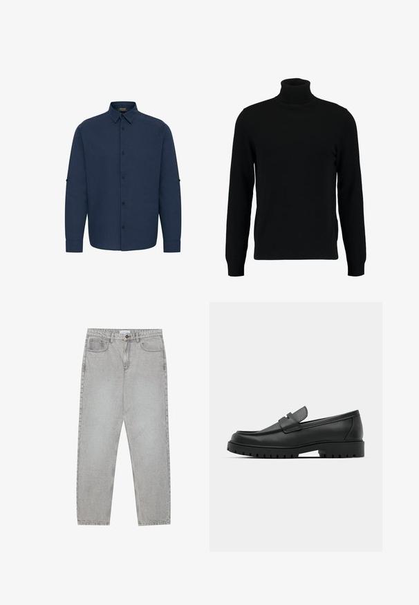 Schwarzer Rollkragenpullover aus weichem Strickmaterial. Mit langen Ärmeln, geripptem Kragen und Saum. Schlichtes, elegantes Design ohne Muster.; Dunkelblaues Langarmhemd mit Button-Down-Kragen, vorderen Knöpfen und Aufrollbaren Ärmeln. Hergestellt aus einem strukturierten Stoff.; Helle graue Jeanshose mit gerade geschnittenem Design, Fünf-Taschen-Stil und Knopfverschluss. Sichtbare Nähte entlang der Seitennähte.; Schwarze Lederloafer mit runder Zehenform, ausgestattet mit einem gesteppten Design, niedrigem Plattformsohle und einer strukturierten, genoppten Gummisohle.