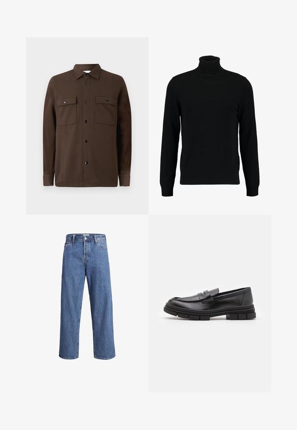 Svart høyhalset genser laget av et mykt strikkemateriale. Har lange ermer, ribbestrikket krage og hem. Enkel, elegant design uten mønstre.; Brun skjorte med knappestolpe laget av stoff, to brystlommer, svarte knapper, krage og lange ermer med knappede mansjetter.; Lyse blå denimjeans med rett ben, høy midje og minimale sømdetaljer. Stoffet har en myk, lett bleket tekstur.; Sorte skinnloafers med en glatt overflate, med et frontreim-detalj og en kraftig gummisåle med rillete detaljer.