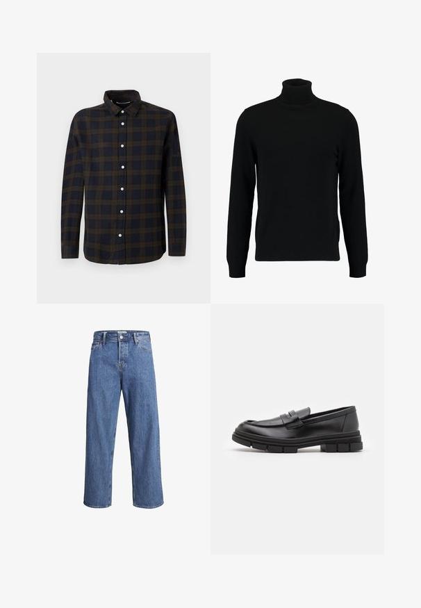 Črn pulover s turtleneck ovratnikom, izdelan iz mehkega pletenega materiala. Ima dolge rokave, rebrast ovratnik in rob. Preprost, eleganten dizajn brez vzorcev.; Srajca z dolgimi rokavi temno modre barve s rjavim karo vzorcem. Narejena iz mehke tkanine, z zapenjanjem na gumbe in klasičnim ovratnikom.; Svijetloplave traperice s ravnim nogavicama, visokim strukom i minimalnim detaljima šivanja. Tkanina ima mekan, blago izblijedjeli izgled.; Črne usnjene loafersice z gladkim zaključkom, ki imajo sprednji trak in debel gumijast podplat z utori.