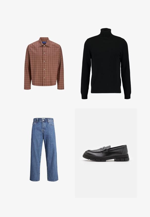 Juodas megztinis su aukštu kaklu, pagamintas iš minkštos mezgimo medžiagos. Turi ilgomis rankovėmis, raukšlėtą apykaklę ir apatinę dalį. Paprastas, elegantiškas dizainas be raštų.; Raudona ir ruda languota marškinėlių palaidinė su smailiu apykaklė, ilgomis rankovėmis ir baltais mygtukais, pagaminta iš lengvos, tekstūruotos medžiagos.; Šviesiai mėlynos džinsinės kelnės su tiesiu kirpimu, aukštu liemeniu ir minimaliais siuvimo detalėmis. Audinys yra minkštas, šiek tiek nublukęs.; Juodi odiniai loaferiai su lygia apdaila, turintys priekinį dirželio akcentą ir storą guminį padą su grioveliais.