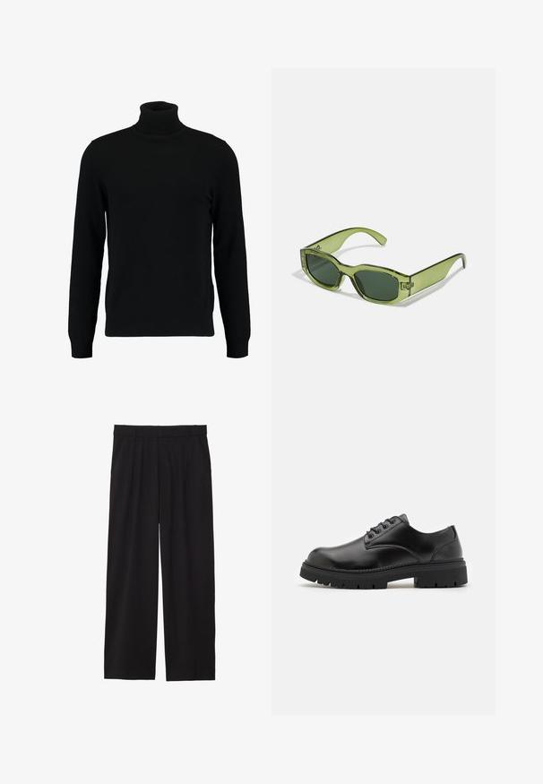Černý rolák vyrobený z měkkého pleteného materiálu. Má dlouhé rukávy, žebrovaný límec a lem. Jednoduchý, elegantní design bez vzorů.; Černé široké kalhoty s skladaným předním dílem, bočními kapsami a hladkou texturou tkaniny. Navrženy pro pohodlný střih.; Černé kožené boty s zaoblenou špičkou, šněrovacím designem a silnou, strukturovanou gumovou podrážkou. Vyznačují se prošíváním po okraji a hladkým povrchem.; Zelené translucentní sluneční brýle s obdélníkovým rámem, tmavě zelenými skly a logem na boku. Hladký povrch a moderní design.