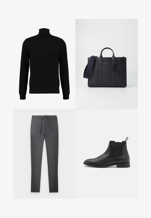 Černý rolák vyrobený z měkkého pleteného materiálu. Má dlouhé rukávy, žebrovaný límec a lem. Jednoduchý, elegantní design bez vzorů.; Tmavě šedé zúžené kalhoty s elastickým pasem a stahovací šňůrkou, se subtilními vrypy po přední části.; Černé kožené Chelsea boty s elastickým bočním panelem, poutkem na patě a nízkým zúženým podpatkem na bílém pozadí.; Tmavě námořnická kožená aktovka s dvojitými horními rukojeťmi a odnímatelným popruhem. Má texturovaný povrch, vertikální švy a detail s logem.