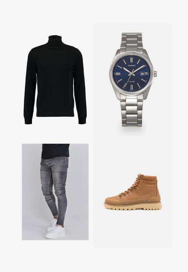 Melns augsti stāvošs džemperis, kas izgatavots no mīksta adījuma materiāla. Tam ir garas piedurknes, ribota apkakle un apakšmala. Vienkāršs, elegants dizains bez rakstiem.; Tievās džinsās bālganā pelēkā denimā, kas izceļas ar nolietotām detaļām pie ceļgaliem, apvienotas ar baltām kedām. Gluda tekstūra, šaurs piegriezums.; Brūnas augstās apavi, kas izgatavoti no gludas ādas, ar metāla acu caurumiem un ribotām gumijas zolēm. Iezīmē kontrastējošas svītrotas akcenti pirksta daļā.; Sudraba nerūsējošā tērauda rokas pulkstenis ar tumši zilu ciparnīcu, metalizētiem stundu rādītājiem un datuma logu pie pulksten 3. Ūdensizturīgs līdz 50 metriem.