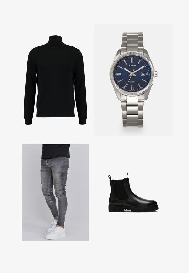 Musta kõrge kaelusega kampsun, mis on valmistatud pehmest kudumist materjalist. Omab pikki varrukaid, soonikpitsiga kaela- ja alumist äärt. Lihtne ja sujuv disain ilma mustriteta.; Kitsad teksad tuhmhall denimil, millel on kulunud detailid põlvedes, koos valgete tossudega. Sile tekstuur, kitsas lõige.; Mustad musta nahast Chelsea saapad elastsete külgpanelidega, tõmbetugevdus ja turske kummitald, millel on silmatorkavad mustrid.; Hõbedane roostevabast terasest käekell, tumesinise lõpliku, metallsete tuntud numbrite ja kuupäevanäidikuga kell 3 juures. Veekindel kuni 50 meetrit.