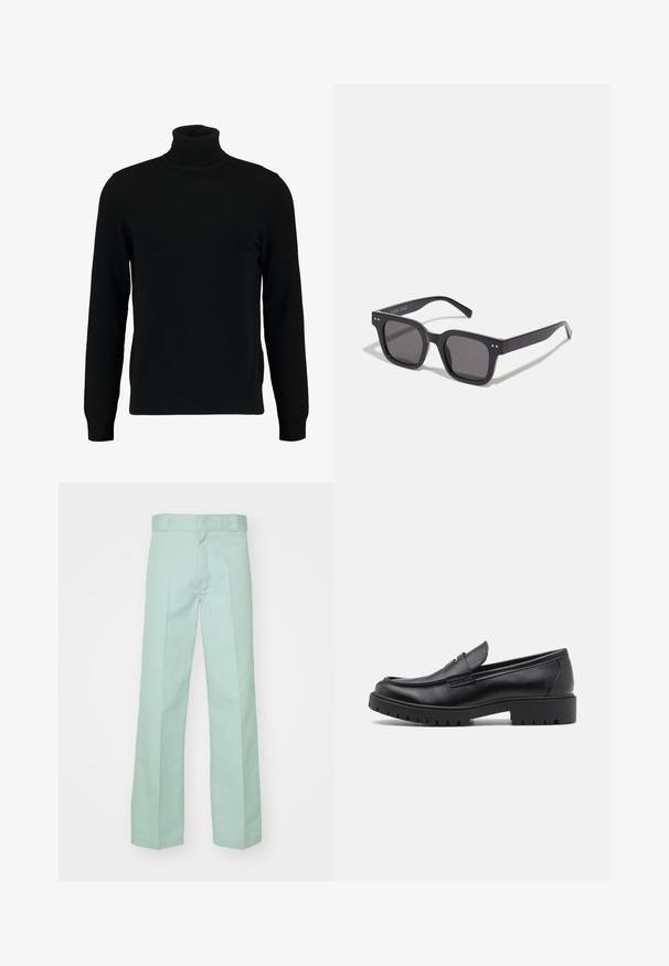 Svart høyhalset genser laget av et mykt strikkemateriale. Har lange ermer, ribbestrikket krage og hem. Enkel, elegant design uten mønstre.; Lys grønne bukser laget av bomull med rett ben-design, med en jevn tekstur og standard linning med beltehemper.; Svarte skinnloafers med rund tå, enkel å ta på, og tykk gummisåle med teksturert grep. Hevet hæl og subtile broderingsdetaljer.; Sorte, rektangulære solbriller med mørke linser, med tykk innfatning, subtile detaljer på sidene og ingen synlige logoer annet enn merkenavnet.