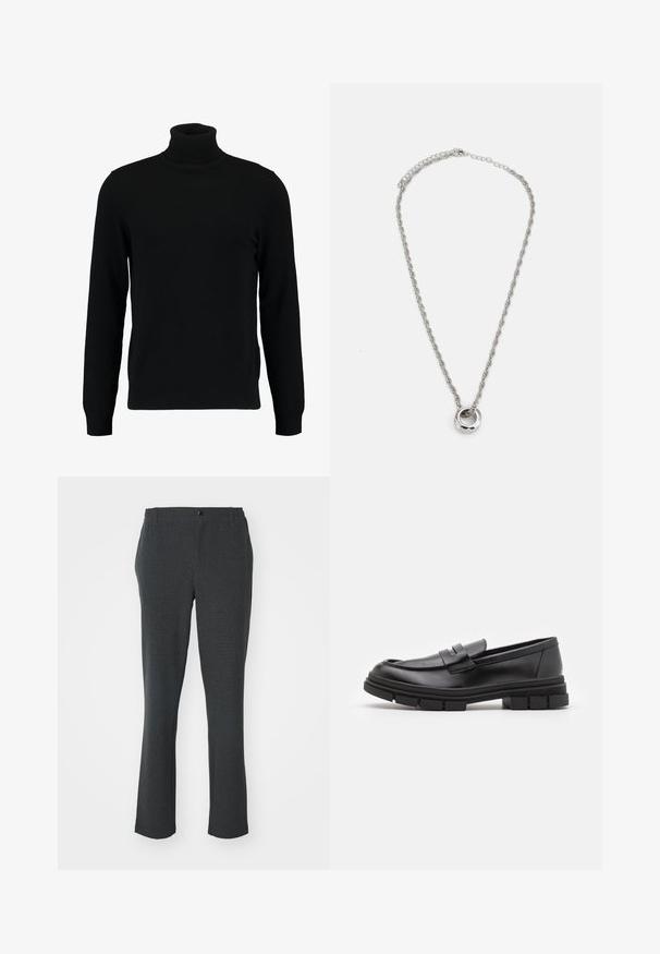 Juodas megztinis su aukštu kaklu, pagamintas iš minkštos mezgimo medžiagos. Turi ilgomis rankovėmis, raukšlėtą apykaklę ir apatinę dalį. Paprastas, elegantiškas dizainas be raštų.; Tamsiai pilki kelnių pagaminti iš tekstūruoto audinio; tiesaus kirpimo dizainas su priekiniais mygtukais ir diskretiškomis šoninėmis kišenėmis.; Juodi odiniai loaferiai su lygia apdaila, turintys priekinį dirželio akcentą ir storą guminį padą su grioveliais.; Sidabrinė metalinė apyrankė su sukamojo grandinėlės dizainu ir apvaliu pakabuku su glotnia apdaila.