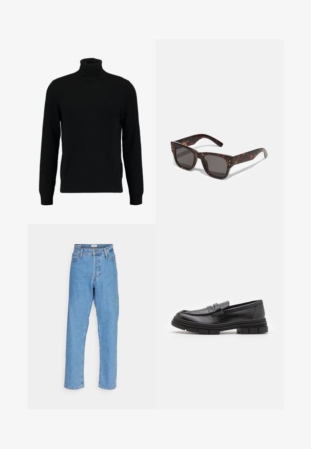 Black turtleneck sweater made of a soft knit material. Features long sleeves, ribbed collar, and hem. Simple, sleek design without patterns.; Light blue high-waist straight-leg jeans with front button, zipper closure, belt loops, and five-pocket design on white background.; Black leather loafers with a smooth finish, featuring a front strap detail and a chunky rubber sole with grooved accents.; Tortoiseshell sunglasses with dark lenses, square frame, and silver accent studs on the front. Made of plastic, lightweight and durable.