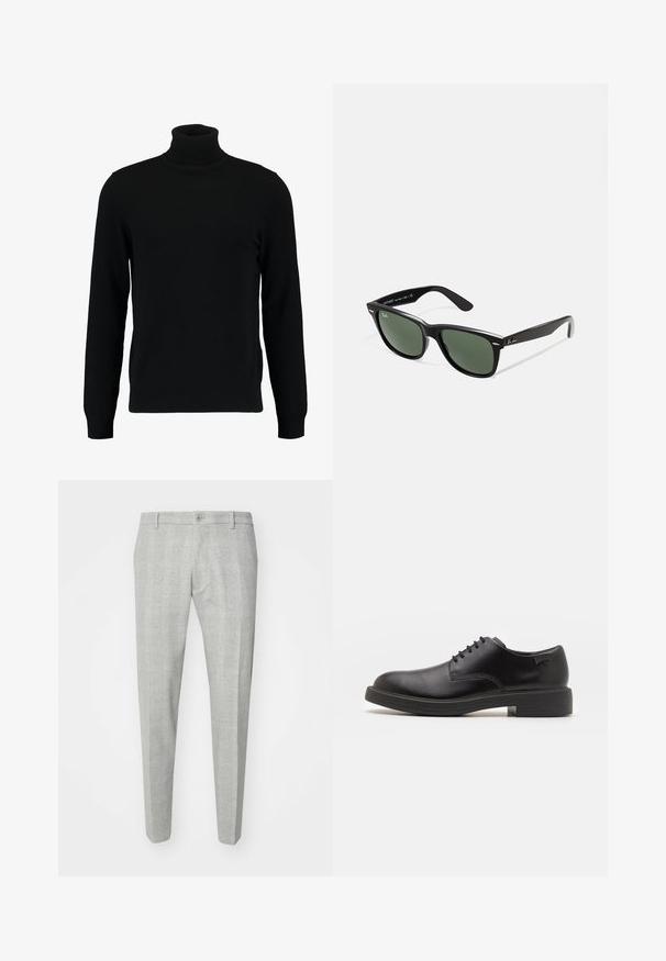 Svart høyhalset genser laget av et mykt strikkemateriale. Har lange ermer, ribbestrikket krage og hem. Enkel, elegant design uten mønstre.; Grå rutete bukser med skreddersydd passform, med flat front, en enkelt knappelukking og beltehemper. Laget av et glatt stoff.; Svart lær snøre sko med rund tå, glatt tekstur, minimal søm, og lav gummihæl. Logo på hælen.; Sorte plast-solbriller med grønne linser, firkantede rammer, sølvdetalje på brynene, og teksturerte stangarmen. Angitt merke på indre arm.