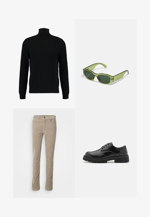 Černý rolák vyrobený z měkkého pleteného materiálu. Má dlouhé rukávy, žebrovaný límec a lem. Jednoduchý, elegantní design bez vzorů.; GANT SLIM - Kalhoty - warm grey; Černé kožené boty s zaoblenou špičkou, šněrovacím designem a silnou, strukturovanou gumovou podrážkou. Vyznačují se prošíváním po okraji a hladkým povrchem.; Zelené translucentní sluneční brýle s obdélníkovým rámem, tmavě zelenými skly a logem na boku. Hladký povrch a moderní design.; Kovové kvalitní hodinky s černým ciferníkem, bílými číslicemi a zobrazením data. Disponují nerezovým páskem a voděodolností 100 m.