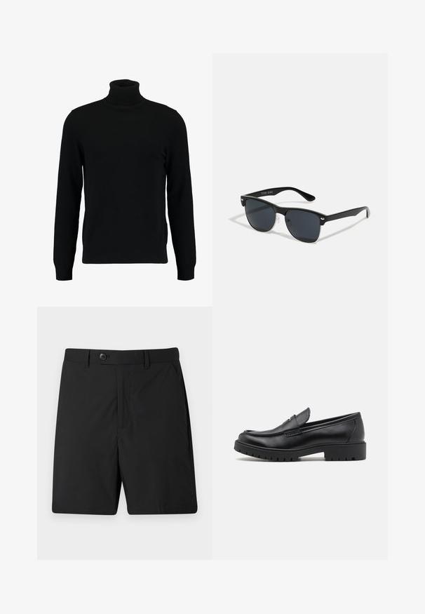 Maglione a collo alto nero realizzato in morbido materiale knit. Presenta maniche lunghe, colletto e orlo a costine. Design semplice e lineare senza motivi.; Pantaloni corti neri realizzati in tessuto leggero, con chiusura a bottone, due tasche laterali e taglio dritto. Texture liscia e design semplice.; Mocassini in pelle nera con punta arrotondata, design senza lacci e suola in gomma spessa con battistrada testurizzato. Tacco elevato e dettagli di cucitura discreti.; Occhiali da sole neri con forma rettangolare, lenti scure, dettagli in argento alle tempie e finitura opaca sulla montatura.