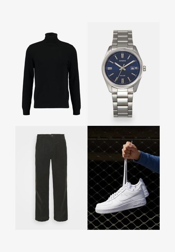 Čierny rolák vyrobený z mäkkého pleteného materiálu. Má dlhé rukávy, rebrovaný golier a lem. Jednoduchý, elegantný dizajn bez vzorov.; Lindbergh WIDE FIT PANTS - Nohavice - army; Biele kožené tenisky s perforáciami, okrúhlou špičkou, plochou podrážkou a hrubými šnúrkami, pričom majú viditeľné logo swoosh a nápis "AIR" na päte.; Strieborné nerezové hodinky s modrým ciferníkom, kovovými hodinovými značkami a dátumovým oknom na 3. hodine. Vodotesné do hĺbky 50 metrov.