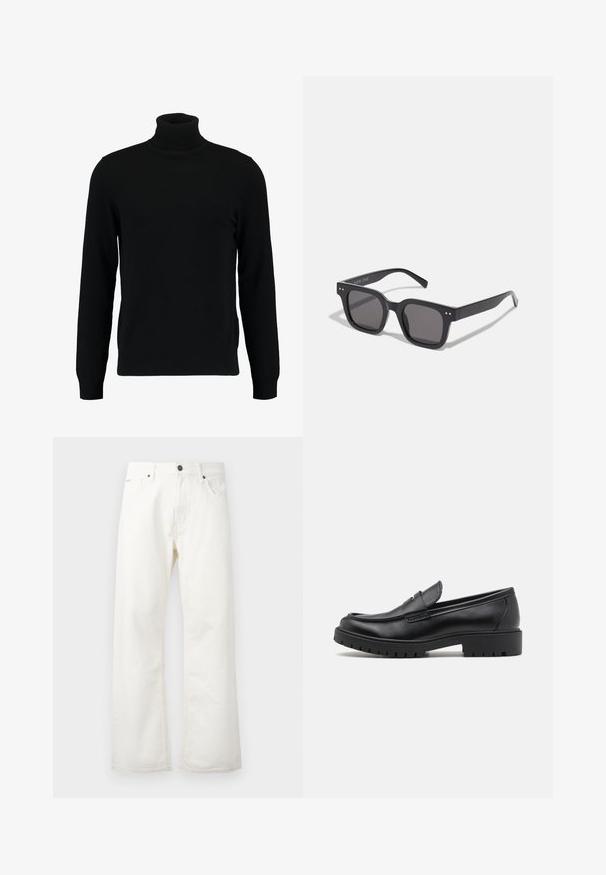 Musta kõrge kaelusega kampsun, mis on valmistatud pehmest kudumist materjalist. Omab pikki varrukaid, soonikpitsiga kaela- ja alumist äärt. Lihtne ja sujuv disain ilma mustriteta.; Valged laiad teksased, mis on valmistatud denimist, omavad tavalist vöökohta, eesmist taskut ja nööpkinnitust. Tekstureeritud kangas puhta viimistlusega.; Mustad musta nahast loafers, ümmarguse toe, libisemisega disain ja paks kummist tald, millel on tekstureeritud haardepind. Tõstetud kand ja peened õmblusdetailid.; Mustad mustan värvi päikeseprillid tumedate läätsedega, pakse raami, diskreetsete detailidega külgedel ning ilma nähtavate logota, peale brändinime.; Musta käärimise kott, mis on valmistatud tekstureeritud kangast ja tugevate mustade nahkrihmadega. Omab silindrilist kuju ja pealmist lukku.