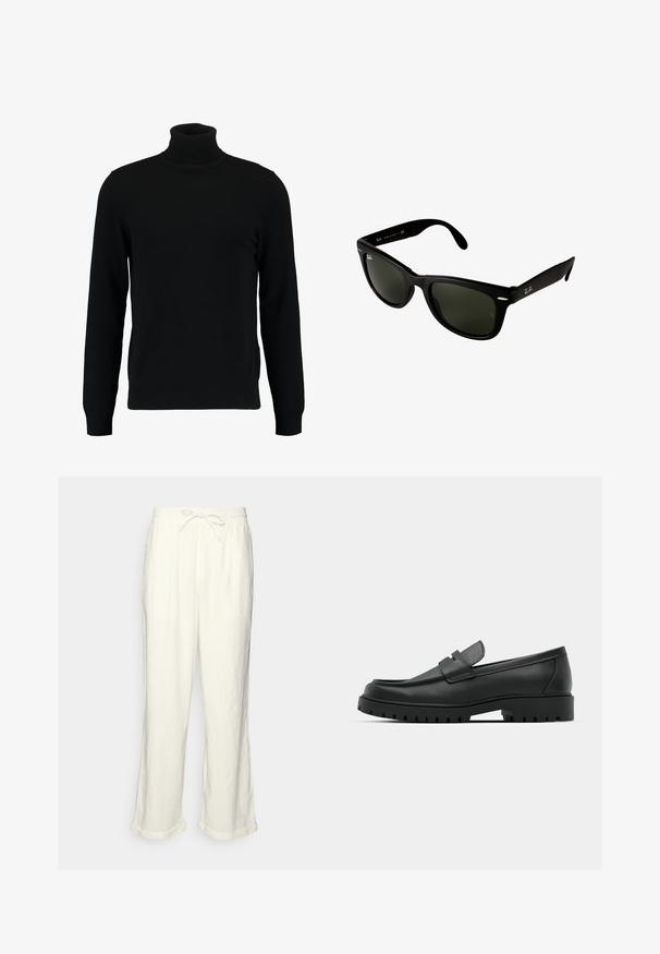 Pulover negru cu gât înalt, confecționat dintr-un material tricotat moale. Dispune de mâneci lungi, guler și tiv cu model în cremă. Design simplu, elegant, fără modele.; Pantaloni din in, de culoare albă-crem, cu un tiv elastic la talie, piciorușe ușor largi și manșete răsucite pentru un stil relaxat. Fără buzunare.; Mocasini din piele neagră cu vârful rotunjit, având un design cusut, talpă joasă și o talpă din cauciuc texturat, cu crampoane.; Ochelari de soare din plastic negru cu lentile de un verde închis. Designul cu ramă pătrată are accente argintii și un logo embosat pe pozitiv.