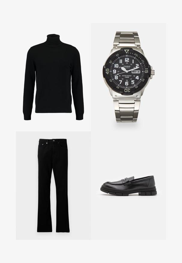 Čierny rolák vyrobený z mäkkého pleteného materiálu. Má dlhé rukávy, rebrovaný golier a lem. Jednoduchý, elegantný dizajn bez vzorov.; Čierne denimové nohavice so strihom do rovna, piatimi vreckami, kovovým zapínaním a jemnými švýkacími detailami. Hladká textúra a rovnomerná farba.; Čierne kožené poltopánky s hladkým povrchom, s predným remienkom a robustnou gumovou podrážkou s drážkovanými akcentmi.; Kovový quartzový hodinky s čiernym ciferníkom, bielymi číslicami a zobrazením dátumu. Obsahujú nerezový band a vodoodolnosť 100m.
