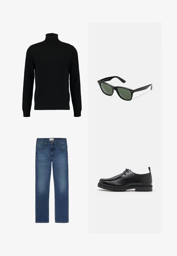 Mustat poolokauluspusero, joka on valmistettu pehmeästä neulomateriaalista. Siinä on pitkät hihat, ribbireunus kauluksessa ja helmassa. Yksinkertainen, tyylikäs muotoilu ilman kuvioita.; Tummansinisiä farkkuja suoran leikkauksen ja viiden taskun kanssa, näkyvillä saumoilla. Edessä nappi ja vetoketju.; Musta nahkainen nauhallinen kenkä, jossa on kestävä pohja ja kantapään vetohihna, esitetty sivuprofiilista valkoista taustaa vasten.; Mustat muoviset aurinkolasit, joissa on vihreät linssit, neliönmuotoiset kehykset, hopeinen yksityiskohta kulmakarvojen kohdalla sekä tekstuuriset temppeleiden varret. Brändi ilmoitettu sisävarsissa.
