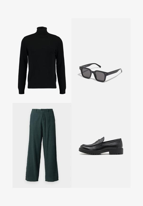 Black turtleneck sweater made of a soft knit material. Features long sleeves, ribbed collar, and hem. Simple, sleek design without patterns.; Green corduroy wide-leg trousers with a straight cut; features a button closure and two side pockets. Textured, ribbed fabric.; Black leather loafers with a rounded toe, slip-on design, and thick rubber sole featuring a textured grip. Elevated heel and subtle stitching details.; Black rectangular sunglasses with dark lenses, featuring a thick frame, subtle accents on the sides, and no visible logos beyond the brand name.