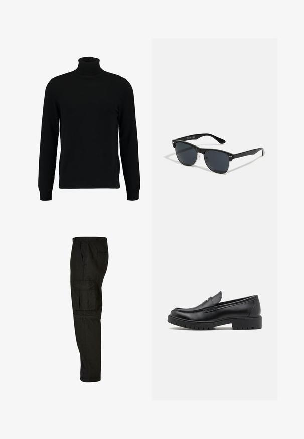 Černý rolák vyrobený z měkkého pleteného materiálu. Má dlouhé rukávy, žebrovaný límec a lem. Jednoduchý, elegantní design bez vzorů.; Černé cargo kalhoty s volným střihem, elastickým pasem, bočními kapsami a velkou cargo kapsou na stehně. Měkká, lehká látka.; Černé kožené mokasíny s kulatou špičkou, designem na nazouvání a silnou gumovou podešví s texturovaným gripem. Zvýšený podpatek a jemné švy.; Černé sluneční brýle s obdélníkovým tvarem, tmavými skly, stříbrnými akcenty na spáncích a matným povrchem rámu.