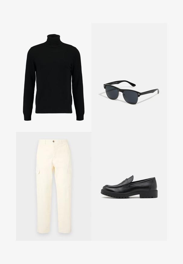 Melns augsti stāvošs džemperis, kas izgatavots no mīksta adījuma materiāla. Tam ir garas piedurknes, ribota apkakle un apakšmala. Vienkāršs, elegants dizains bez rakstiem.; Gaiši dzeltenas kokvilnas kravas bikses ar sānu kabatām un taisnu kāju dizainu, ar pogu aizdari jostasvietā.; Melni ādas loafers ar noapaļotu pirkstu, viegli uzvelkami, un biezu gumijas zoli ar teksturētu saķeri. Pacelta papēža un diskrētas šuvju detaļas.; Melnas saulesbrilles ar taisnstūra formu, tumšiem stenģiem, sudraba akcentiem pie tempļiem un matētu apdari uz rāmja.