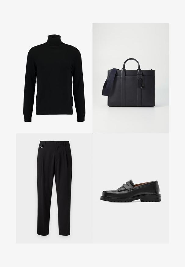 Schwarzer Rollkragenpullover aus weichem Strickmaterial. Mit langen Ärmeln, geripptem Kragen und Saum. Schlichtes, elegantes Design ohne Muster.; Schwarze Hose mit geradem Schnitt, gepresster Vorderseite, Gürtelschlaufen und silbernem Ringakzent. Aus glattem Stoff, ohne sichtbare Muster.; Schwarze Lederloafer verfügen über eine erhöhte Naht, zwei dekorative Riemen im oberen Bereich und eine dicke, strukturierte Sohle für zusätzlichen Halt.; Dunkelblaues Lederaktentasche mit doppelten oberen Griffen und einem abnehmbaren Gurt. Merkmale sind die strukturierte Oberfläche, vertikale Nähte und das Logo-Detail.