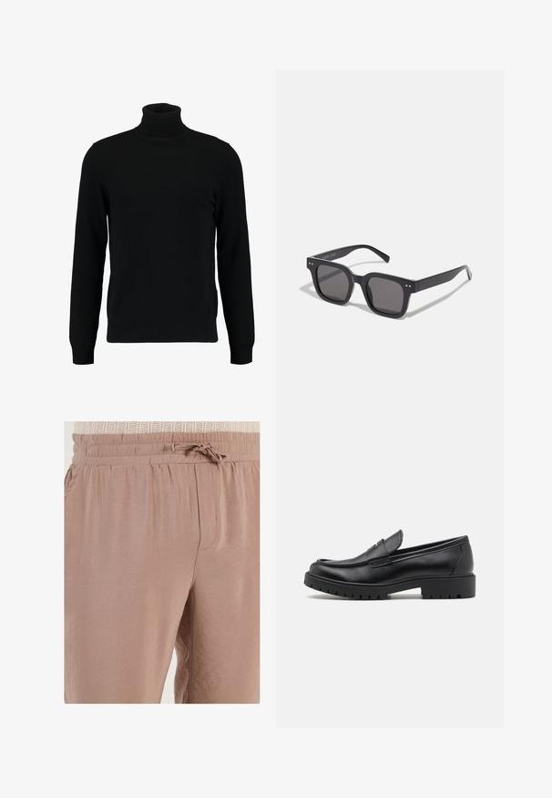 Melns augsti stāvošs džemperis, kas izgatavots no mīksta adījuma materiāla. Tam ir garas piedurknes, ribota apkakle un apakšmala. Vienkāršs, elegants dizains bez rakstiem.; Gaiši brūni treniņbikses, kas izgatavotas no mīksta auduma, ar elastīgu jostasvietu un auklu, kā arī sānu kabatām.; Melni ādas loafers ar noapaļotu pirkstu, viegli uzvelkami, un biezu gumijas zoli ar teksturētu saķeri. Pacelta papēža un diskrētas šuvju detaļas.; Melnas taisnstūra saulesbrilles ar tumšiem stikliem, kuras iezīmē bieza rāmja konstrukcija, diskrēti akcenti sānos, un nav redzamu logo ārpus zīmola nosaukuma.