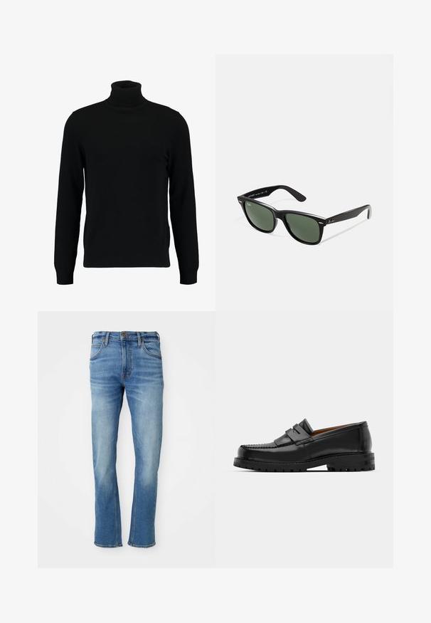 Musta kõrge kaelusega kampsun, mis on valmistatud pehmest kudumist materjalist. Omab pikki varrukaid, soonikpitsiga kaela- ja alumist äärt. Lihtne ja sujuv disain ilma mustriteta.; Heledad hall sinimustest teksad, sirge lõikega, klassikalise viie-tasku kujundusega, diskreetse kulumise ja kontrastsete õmblustega detailidega.; Mustad mustad nahast kingad on varustatud tõstetud õmblusega, kahe dekoratiivse rihmaga peal, ja paksu tekstuuriga tallaga paremaks haardeks.; Mustad mustan plastiku prillid roheliste läätsedega, ruudukujulised raamid, hõbedane aksent kulmude peal ja tekstuuriga tempelkäed. Brändi nimi on märgitud sisevarrele.