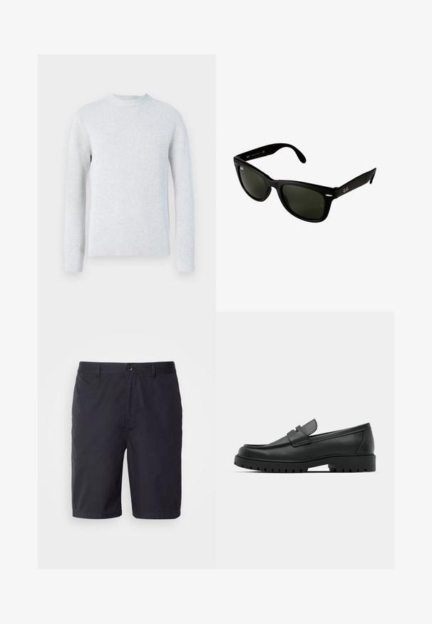 Jasnoszary, dziergany sweter z okrągłym dekoltem, z długimi rękawami, ściągaczami na mankietach i u dołu, na jednolitym białym tle.; Biała koszulka z krótkim rękawem wykonana z lekkiego materiału. Okrągły dekolt o gładkiej fakturze, bez widocznych wzorów czy akcentów.; Biała koszula z guzikami i pionowymi granatowymi paseczkami, z długimi rękawami, kieszenią na piersi i klasycznym kołnierzykiem. Gładki materiał z luźnym krojem.; Granatowe szorty wykonane z lekkiej bawełny, z zapięciem na guzik, szlufkami na pasek oraz prostym krojem powyżej kolana.; Czarne skórzane mokasyny z zaokrąglonym noskiem, posiadające przeszywany wzór, niską platformę oraz teksturowaną, gumową podeszwę z bieżnikiem.; Czarne plastikowe okulary przeciwsłoneczne z ciemnozielonymi soczewkami. Kwadratowy kształt oprawek z metalicznymi akcentami i wytłoczonym logo na zauszniku.