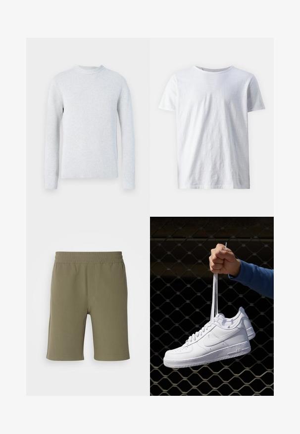 Svijetlosivi pleteni pulover s okruglim izrezom i dugim rukavima, s rebrastim manžetama i donjim rubom na jednostavnoj bijeloj pozadini.; Bijela majica s kratkim rukavima izrađena od laganog materijala. Okrugli izrez s glatkom teksturom i bez vidljivih uzoraka ili detalja.; Maslinasto zelene hlače kratke duljine s elastičnim pojasom, ravnog kroja i glatke teksture. Imaju jednostavan dizajn bez džepova ili ukrasa.; Bijele kožne tenisice s perforacijama, okruglim vrhom, ravnim potplatom i debelim vezicama, s vidljivim swoosh logom i natpisom "AIR" na peti.