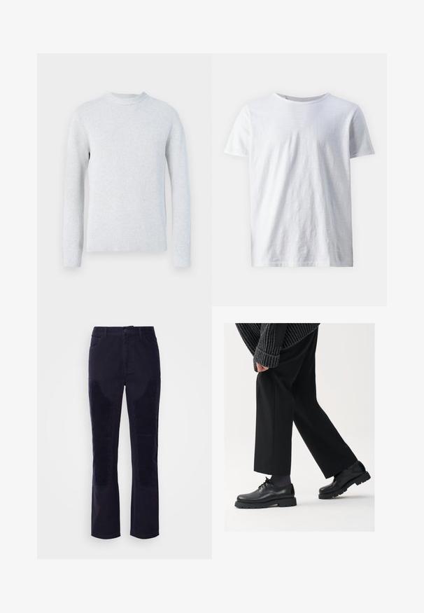 Ljust grått stickat tröja med rund halsringning och långa ärmar, ribbade mudd och fåll mot en enkel vit bakgrund.; Vit kortärmad t-shirt i lättviktig tyg. Rund nacke med en slät yta och utan synliga mönster eller detaljer.; Mörk marinblå kordflöjlsbyxor med slät textur, raka ben och horisontella ribbade lappar på framfickorna för extra struktur.; Svarta läderskor med rund tå, snörningsdesign och tjock, strukturerad sula. Bärs med skräddarsydda svarta byxor och en ribbad tröja.