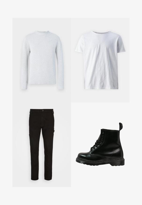 Világosszürke, kötött, kerek nyakú pulóver hosszú ujjakkal, bordázott mandzsettával és szegéllyel egy sima fehér háttér előtt.; Fehér, rövid ujjal rendelkező póló könnyű anyagból. Kerek nyakkivágás sima textúrával, látható minták vagy díszítések nélkül.; Fekete cargo nadrág, tartós anyagból készült, oldalzsebekkel, testhezálló fazonnal és gombos derékkal.; Fekete bőrcipő kerek orral, fűzős kialakítással, hat fűzőlyukkal és texturált gumitalppal. Hátsó részén húzófül található.