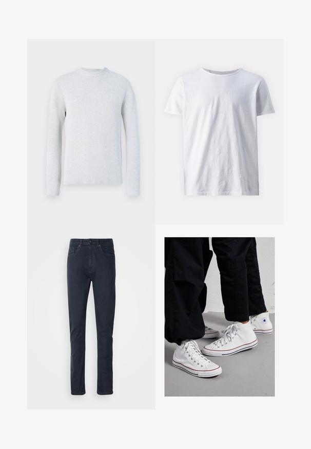 Suéter de malha cinza claro com decote redondo, mangas longas, punhos e barra canelados, em fundo branco liso.; T-shirt branca de mangas curtas feita de um tecido leve. Gola redonda com uma textura suave e sem padrões ou detalhes visíveis.; Jeans de algodão azul escuro com um corte de perna reta, fecho de botão e design de cinco bolsos. Textura suave e detalhes de costura mínimos.; Sapatilhas de cano alto brancas em tecido com sola de borracha, apresentando ilhós prateados e riscas vermelhas e azuis ao longo da sola.