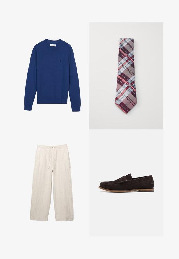 Navy blue knit sweater with a round neckline, long sleeves, and ribbed cuffs. Features a small embroidered logo on the chest.; Light blue long-sleeve shirt with thin vertical white stripes, featuring an open collar, front buttons, and a straight hem.; Linen trousers in light beige, featuring an elastic waistband with a drawstring, wide-leg design, and side pockets. Smooth texture.; Dark brown suede loafers with a rounded toe, textured upper, and light brown rubber sole. Features a decorative strap across the vamp.; Plaid tie featuring a pattern of burgundy, gray, blue, and red stripes. Made of smooth fabric with a pointed tip.